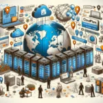 ** Illustration of a global data center with servers, clouds, and people interacting.