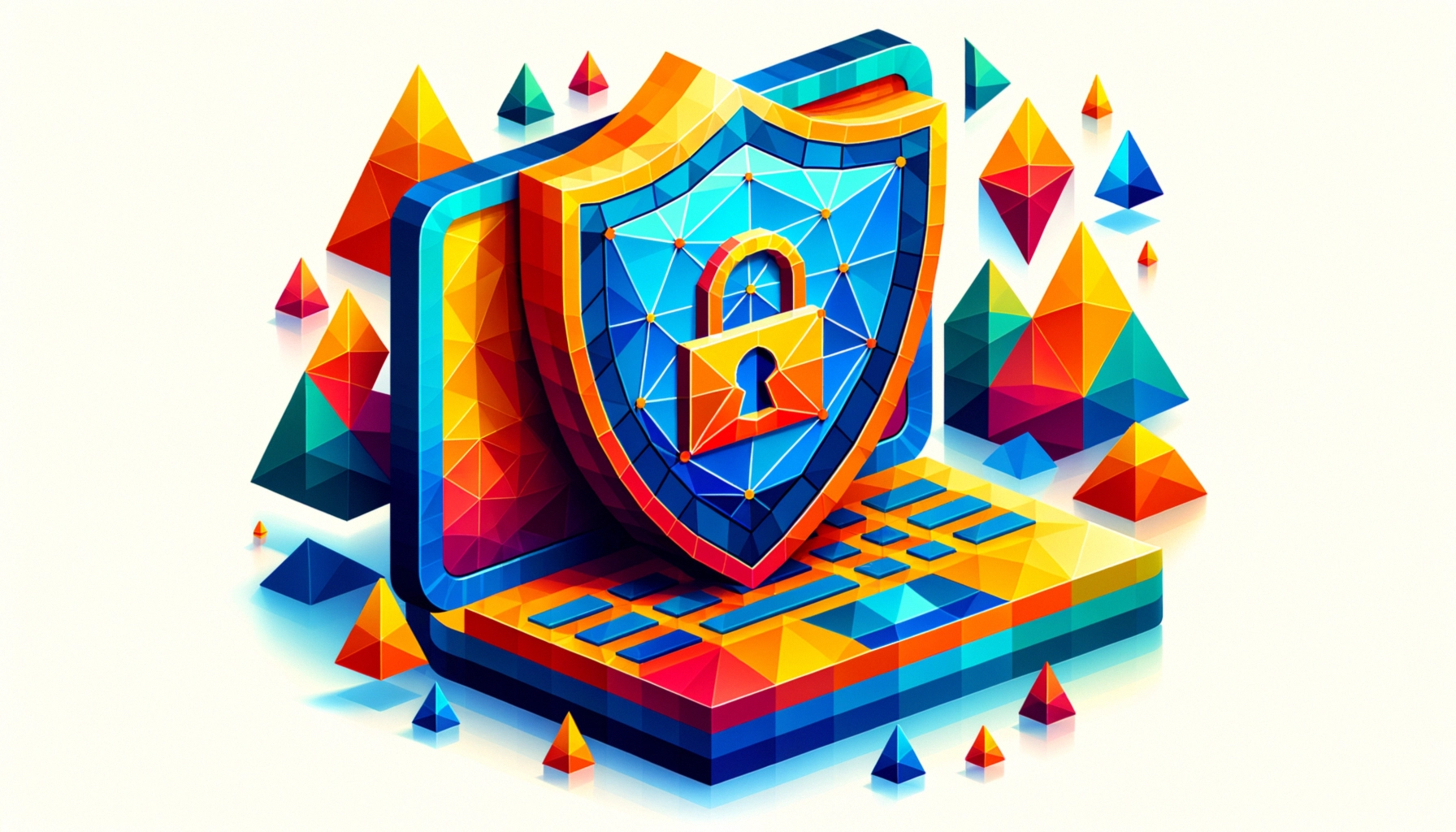 ** Colorful digital illustration of a laptop with a shield and lock symbolizing cybersecurity.