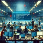 ** A bustling data center with professionals working at computers, illuminated monitors, and server racks in the background.