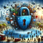 ** Colorful digital collage featuring a large padlock surrounded by technology icons and diverse city life.