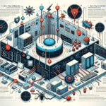 Diagrama técnico de seguridad cibernética con vulnerabilidades destacadas y componentes tecnológicos.