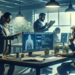 Büro mit mehreren Mitarbeitern, die an Computerbildschirmen arbeiten.