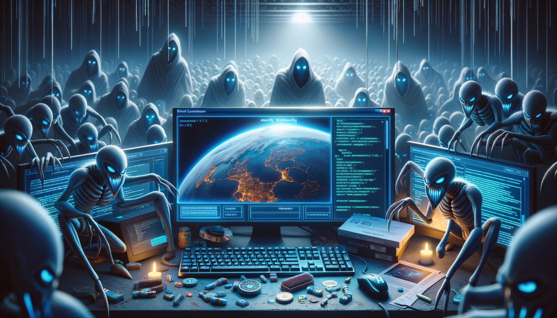 Виявлено серйозну вразливість безпеки у StarCraft II: під загрозою мільйони гравців Екран комп'ютера з землею і група фігур у капюшонах на фоні.