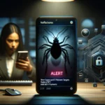 Smartphone zeigt Malware-Alarm, Frau tippt nervös am Computer.