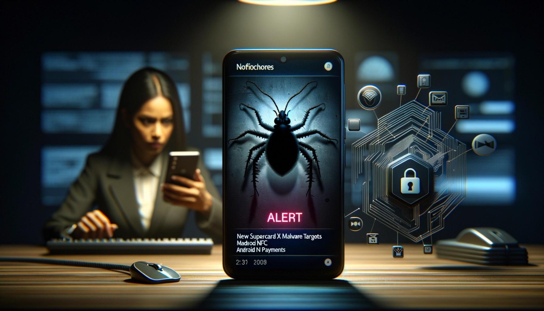 SuperCard X: небезпечна платформа для NFC-атак на Android загрожує банківським картам Сповіщення про загрозу безпеці на телефоні в темному офісі.