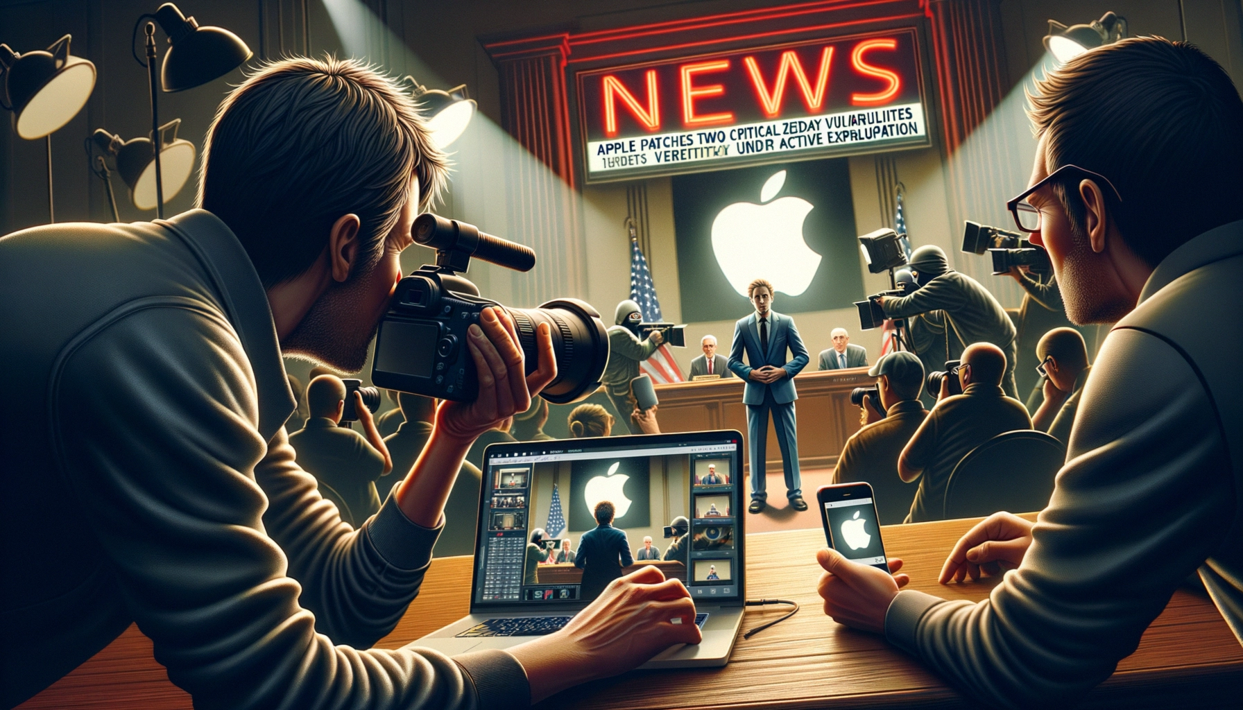 Критичні вразливості в системах Apple: термінові оновлення безпеки для захисту користувачів Пресконференція Apple, журналісти з камерами, великий логотип компанії.