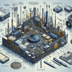 Technische Illustration eines komplexen Schaltkreises mit Verbindungen und Bauteilen.