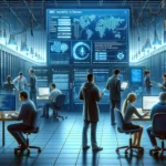 ** Equipo de personas trabajando en un moderno centro de datos con pantallas y servidores.