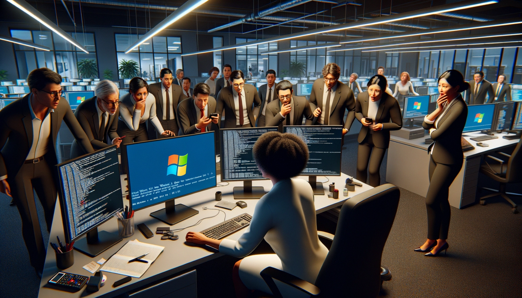 Критичний збій безпеки у Windows 11 24H2: аналіз проблеми та шляхи вирішення Невелика група людей спостерігає за жінкою за комп'ютером у сучасному офісі.