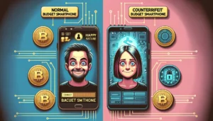 Security Researchers Uncover Large-Scale Crypto-Stealing Operation in Fake Android Devices ** Illustration comparing normal and counterfeit smartphones with users and cryptocurrency symbols.