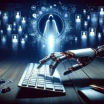 Roboterhand tippt auf einer Tastatur vor digitalem Hintergrund.