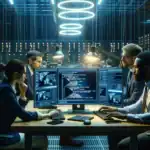 ** A tech-savvy team analyzes data in a dimly lit, high-tech command center.
