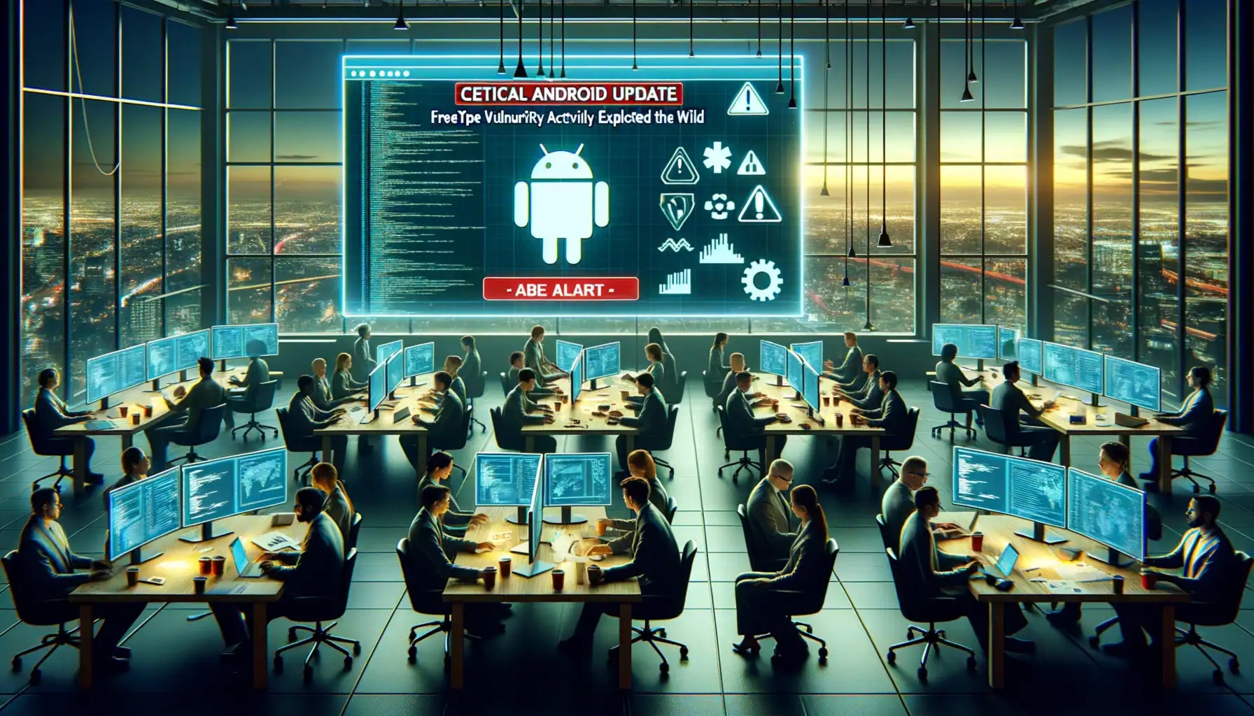 Google випускає термінове оновлення безпеки Android для захисту від активної експлуатації вразливості FreeType Команда в офісі стежить за екраном з критичною інформацією про оновлення Android.