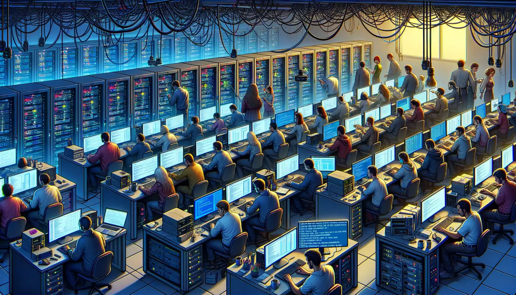 Detectan Ciberataque Crítico contra Sistemas de Gestión Municipal Trimble Cityworks Moderno centro de datos con personas trabajando en computadoras rodeadas de servidores.