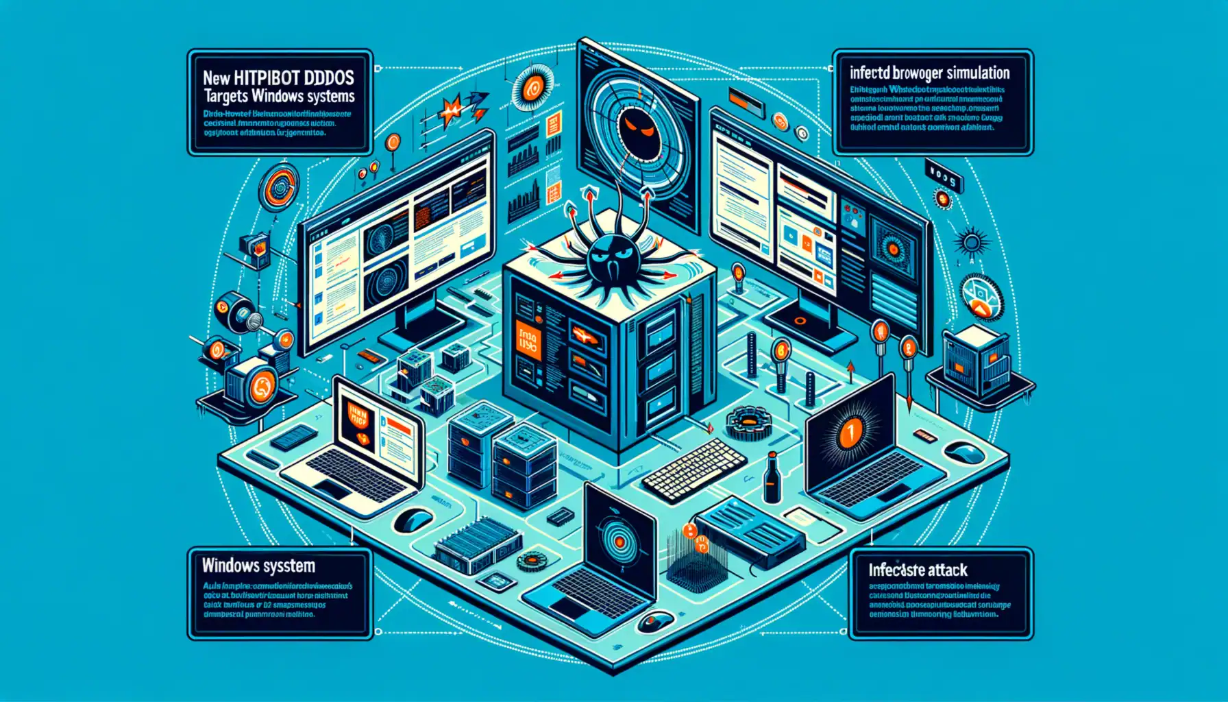 Infografik über Cyberangriffe mit Daten und Diagrammen in blauer Umgebung.