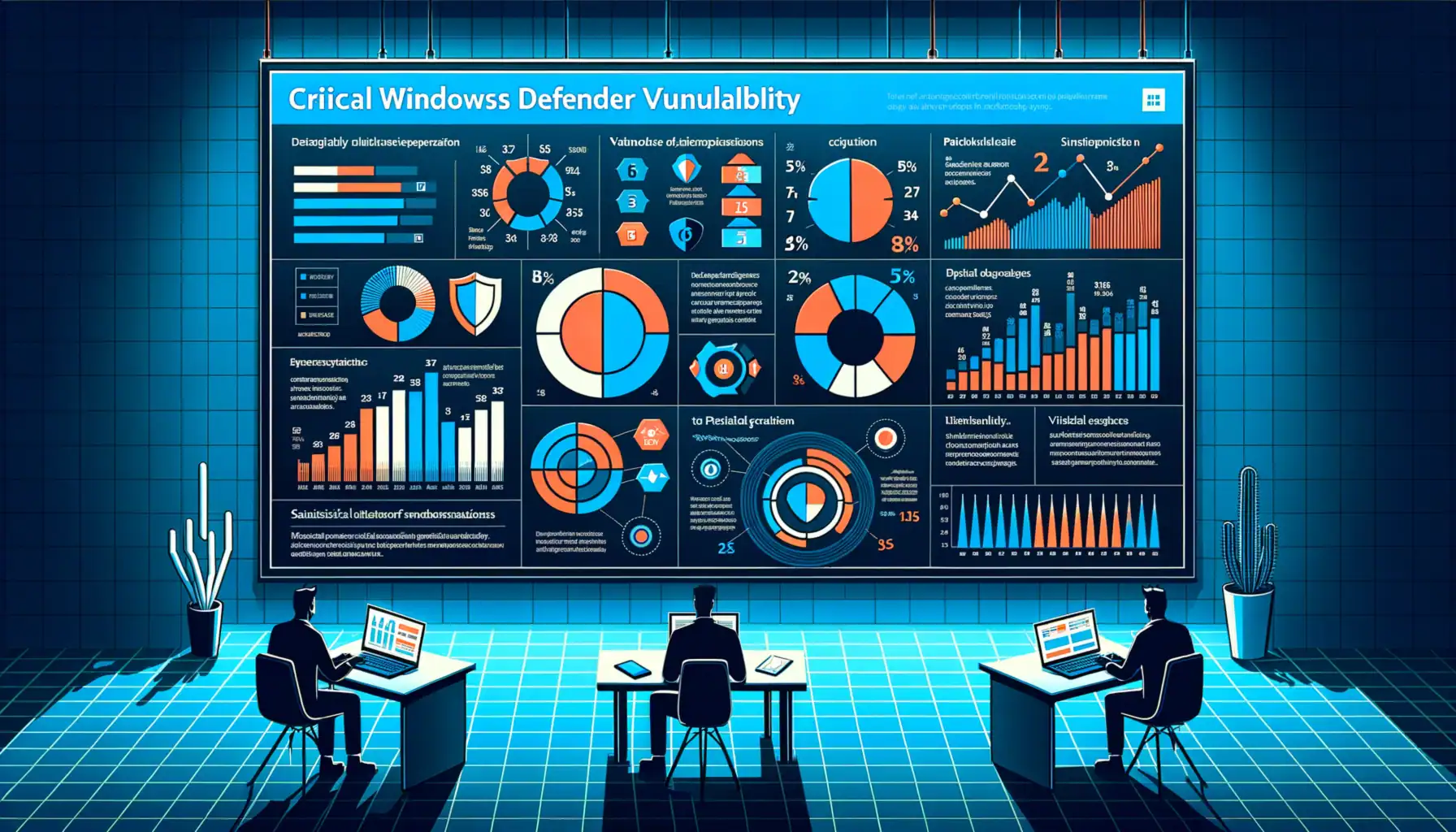 Descubierta Nueva Herramienta que Expone Vulnerabilidad Crítica en Microsoft Defender Gráficos y datos sobre vulnerabilidades de Windows Defender en pantalla grande mientras dos analistas observan.