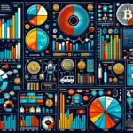 Bunte Infografiken über Bitcoin, Diagramme und Statistiken auf dunklem Hintergrund.