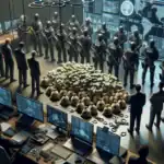 ** Law enforcement officers surround a pile of money in a high-tech operations room.