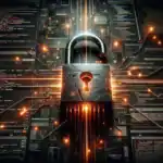 ** A digital padlock surrounded by glowing code and data streams.