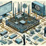 Technologische Illustration eines Schaltkreises mit Mitarbeitern und Geräten.