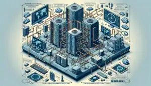 Record-Breaking DDoS Attack Trends: Cloudflare's Latest Cybersecurity Analysis Illustration of a complex data center with interconnected servers and monitors.