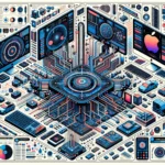 Ilustración digital de componentes tecnológicos interconectados, con una paleta de colores vibrantes.