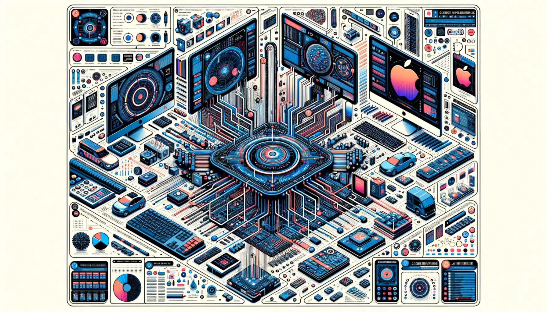 Digitale Illustration eines komplexen Computer-Setups mit Schaltkreisen und Geräten.