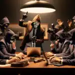 Gruppe vermummter Personen in Anzügen um einen Tisch mit Laptop versammelt.