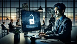 Microsoft переходить на беспарольну автентифікацію: революційні зміни у захисті користувацьких даних Чоловік за комп'ютером з паролем на екрані, фонові офисні будівлі.