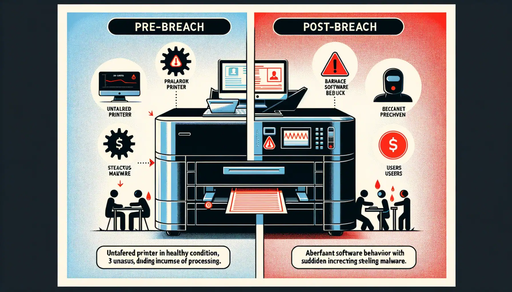Grave Amenaza de Seguridad: Software de Impresoras Procolored Distribuye Troyanos Cripto-mineros ** Infografía que compara la seguridad de impresoras antes y después de un ataque.
