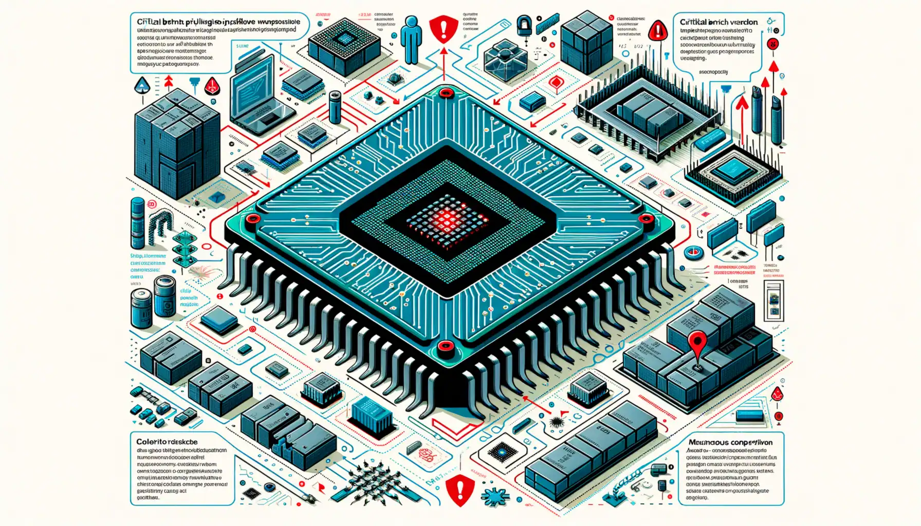 Descubren grave vulnerabilidad "Branch Privilege Injection" en procesadores Intel que compromete la seguridad de datos Infografía detallada de un chip con entorno tecnológico y símbolos de advertencia.