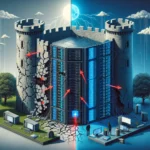 ** Castillo agrietado y servidores brillantes, simbolizando la lucha entre vulnerabilidad y tecnología.