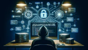 Critical Vulnerabilities Discovered in Craft CMS: Thousands of Websites at Risk A hooded figure at a desk, surrounded by cybersecurity icons and data on a screen.