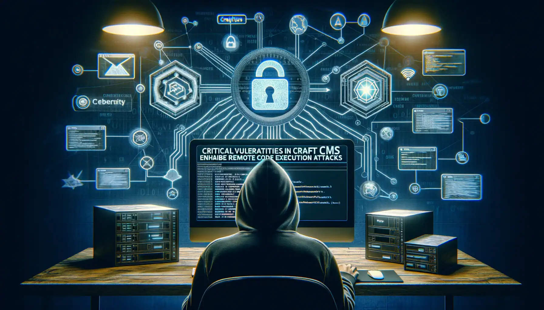 Виявлено критичні вразливості у Craft CMS: під загрозою тисячі веб-сайтів Хакер за комп'ютером, оточений іконками кібербезпеки та кодом.