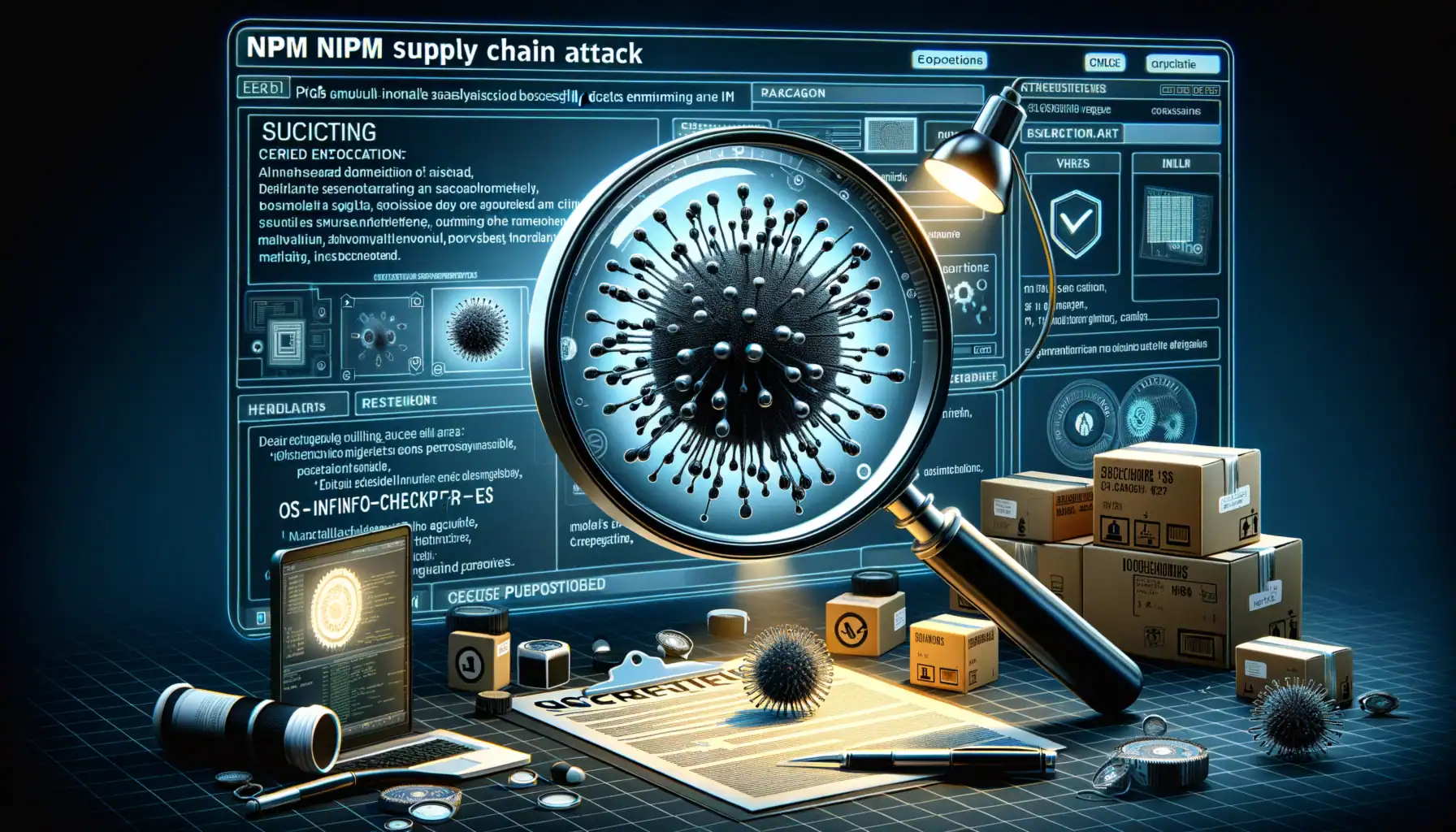 Критична загроза: новий npm-пакет використовує стеганографію для приховування шкідливого коду Зображення цифрового аналізу кіберзагрози у формі мікроба під лупою.