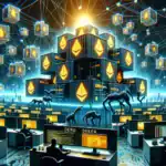 ** Futuristic digital landscape with Ethereum logos and figures at computer desks.
