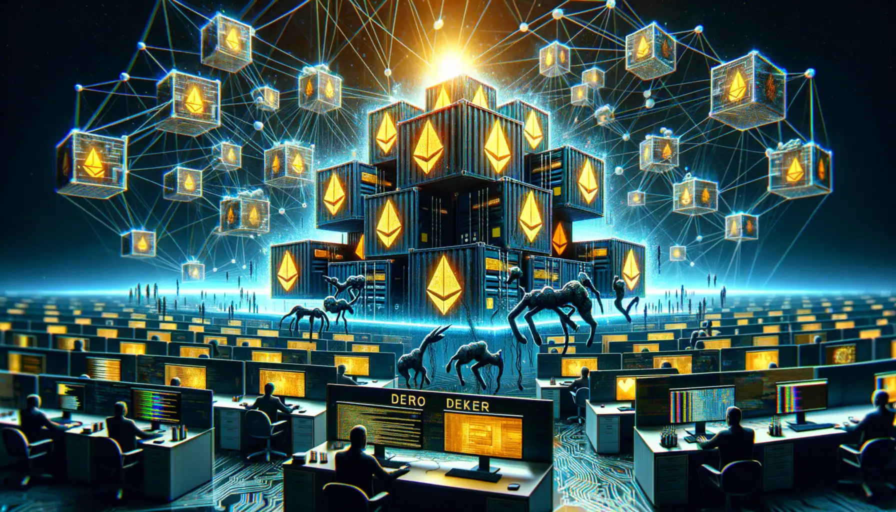 Detectada Sofisticada Campaña de Criptominería que Ataca Infraestructuras Docker ** Red de computadoras con estructuras tecnológicas y figuras esquemáticas en un espacio digital.
