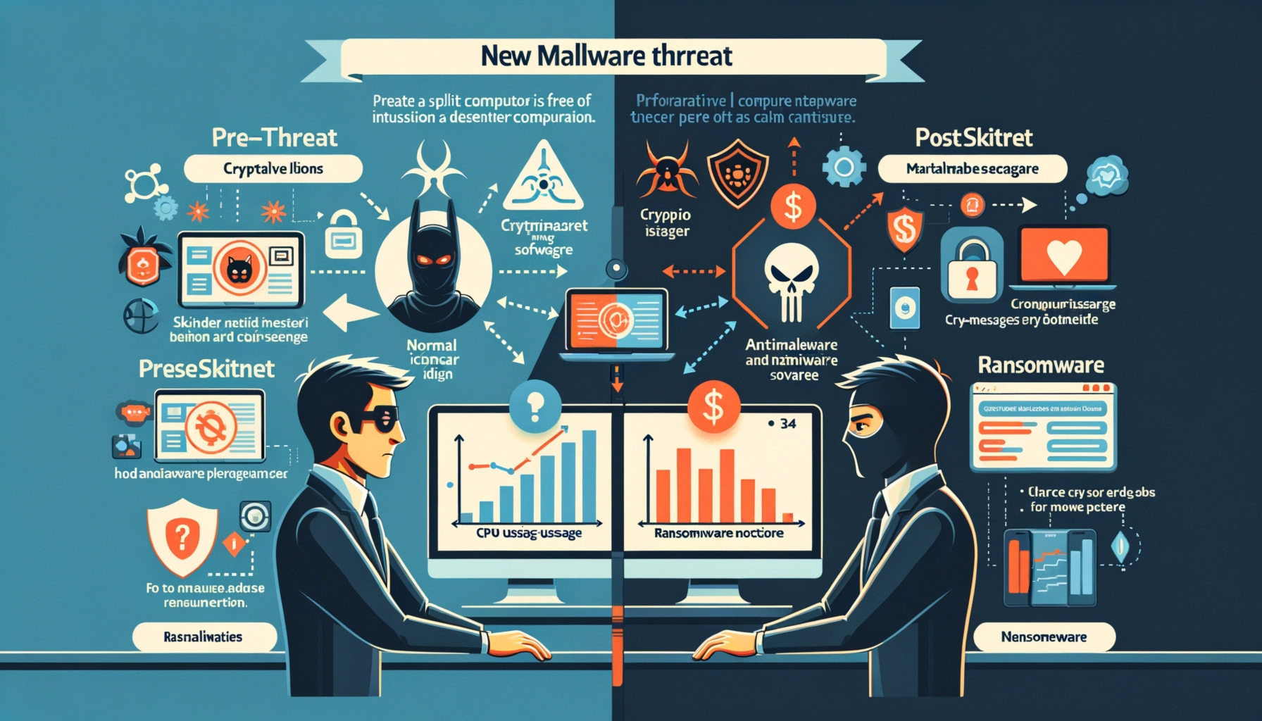 Skitnet: El Nuevo Arsenal de los Grupos de Ransomware que Revoluciona los Ataques Cibernéticos ** Infografía sobre amenazas de malware con dos personajes y gráficos.