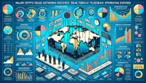 Detectan Nueva Plataforma Criminal en Telegram que Procesa Miles de Millones en Criptomonedas Infografía sobre un fraude de criptomonedas, mostrando datos y gráficos en un fondo azul.