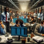 ** A tense tech room filled with stressed professionals monitoring screens and servers.