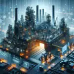 Digitale Industrieanlage mit leuchtenden Elementen und schwebenden Symbolen.
