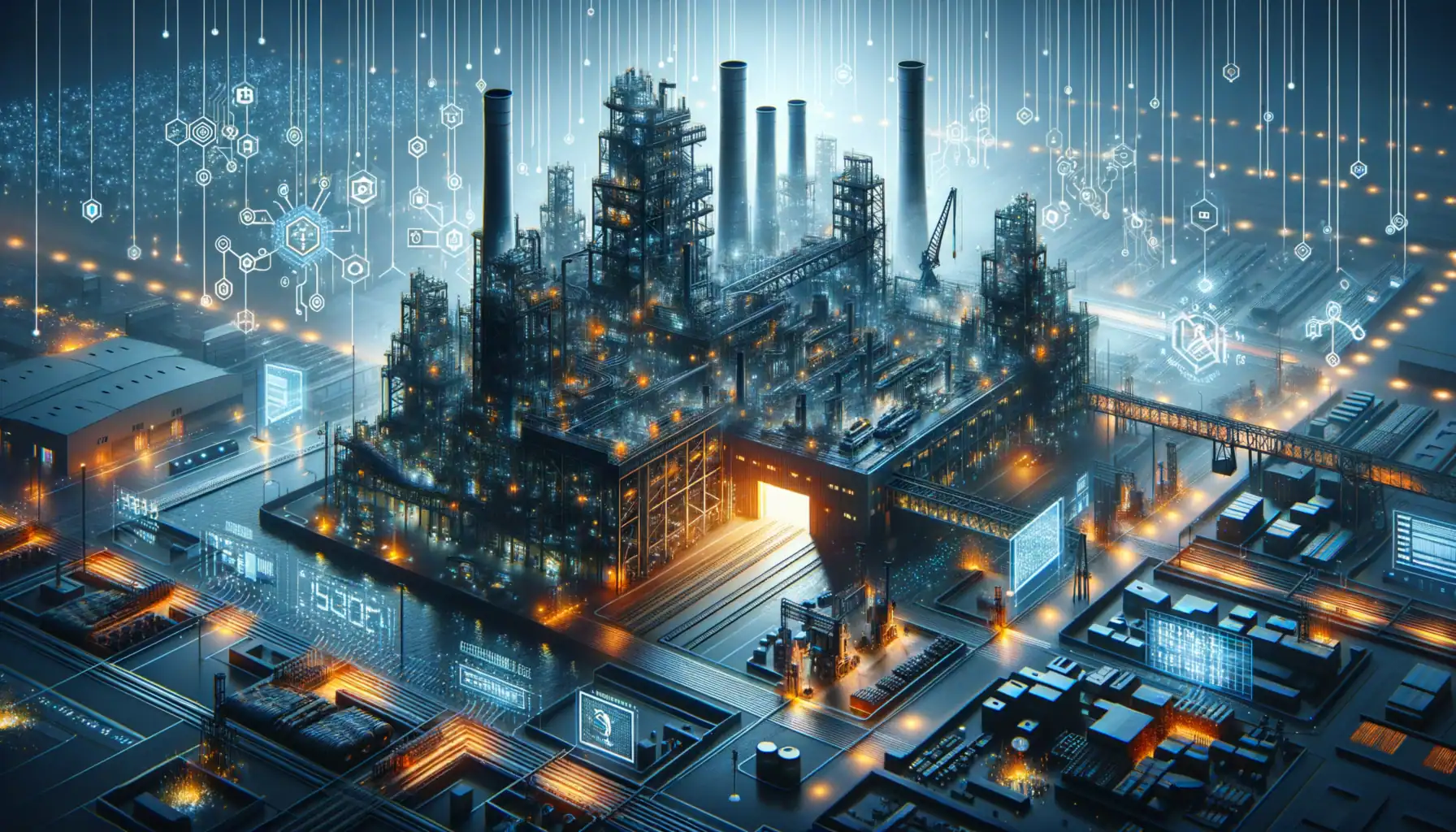Digitale Industrieanlage mit leuchtenden Elementen und schwebenden Symbolen.