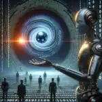 ** Roboter mit metallischem Körper, der einen energetischen Kern in einer digitalen Landschaft präsentiert.