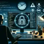 Person sitzt vor einem Computer mit Cybersecurity-Themen und Diagrammen.