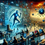 ** A group of figures work in a tech-filled environment, with a glowing, digital humanoid against a vibrant backdrop.