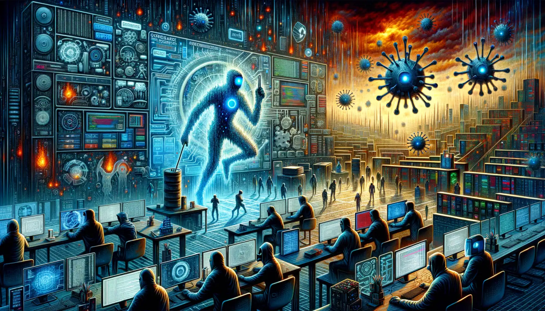 Futuristische Szene mit Menschen, Bildschirmen und digitalen Elementen.