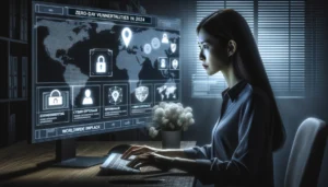 2024 Zero-Day Vulnerability Report: Cyberspionage Leads While Enterprise Systems Face Increased Threats ** A focused woman analyzes a digital screen displaying cybersecurity data and a map.