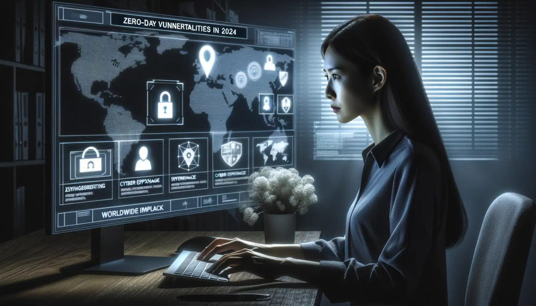 Frau arbeitet an einem Computer mit Sicherheitsdaten und Weltkarte.
