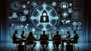 DOJ Charges Alleged Black Kingdom Ransomware Operator in Global Exchange Server Attacks ** A group of seated professionals facing a large digital security display with various icons and data visualizations.