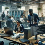 Moderne Büroszene mit Fachleuten an Computern, die an Projekten arbeiten.